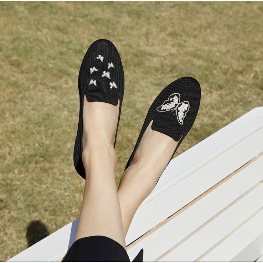 Vivaia Black Butterfly Embroidered Knit‎ Round Toe Loafers Flats EU 39 US 8